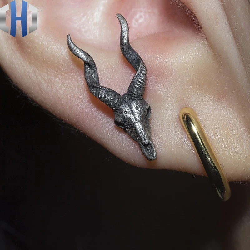 

Original Design Sheep Sacral Earrings Personality Sheep Head 925 Sterling Silver Earrings Male Horns Earrings
