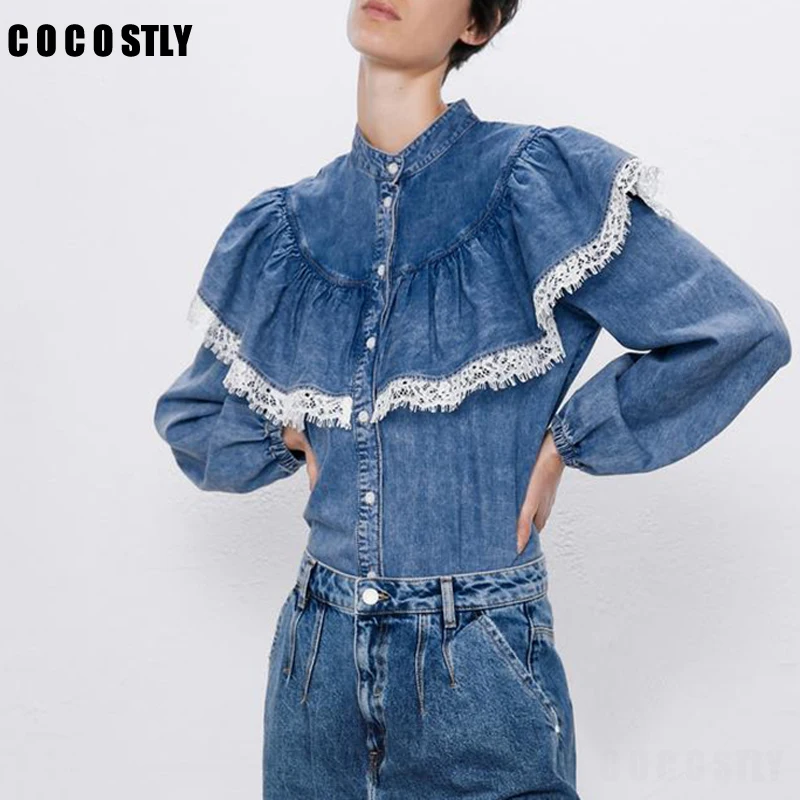 В винтажном стиле С кружевными оборками Джинсовая блузка для женщин blusas mujer de moda