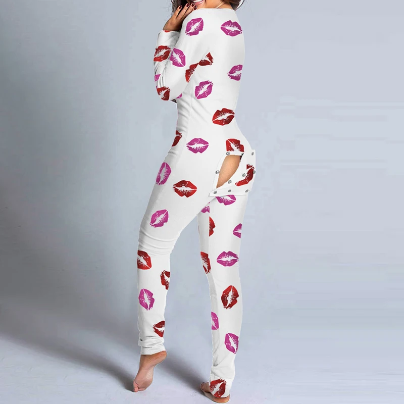 Christmas Sexy Deep V Neck Button Print Jumpsuit Autumn Hollow Out Cute Hip Playsuit Pajamas Women Long Sleeve Romper Sleepwear