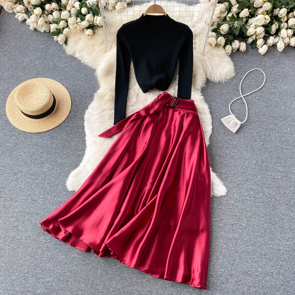 

Women's Spring Autumn Runway Fashion Black Knitted Top Satin Skirt 2 pcs Dress Female Chic Travel Party Dress TB2104