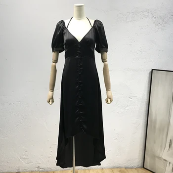 

BacklakeGirls Abend Kleid Dark Black Halter V Neck Short Sleeve Sexy Open Back Silk Satin Long Evening Dresses Dluga Sukienka