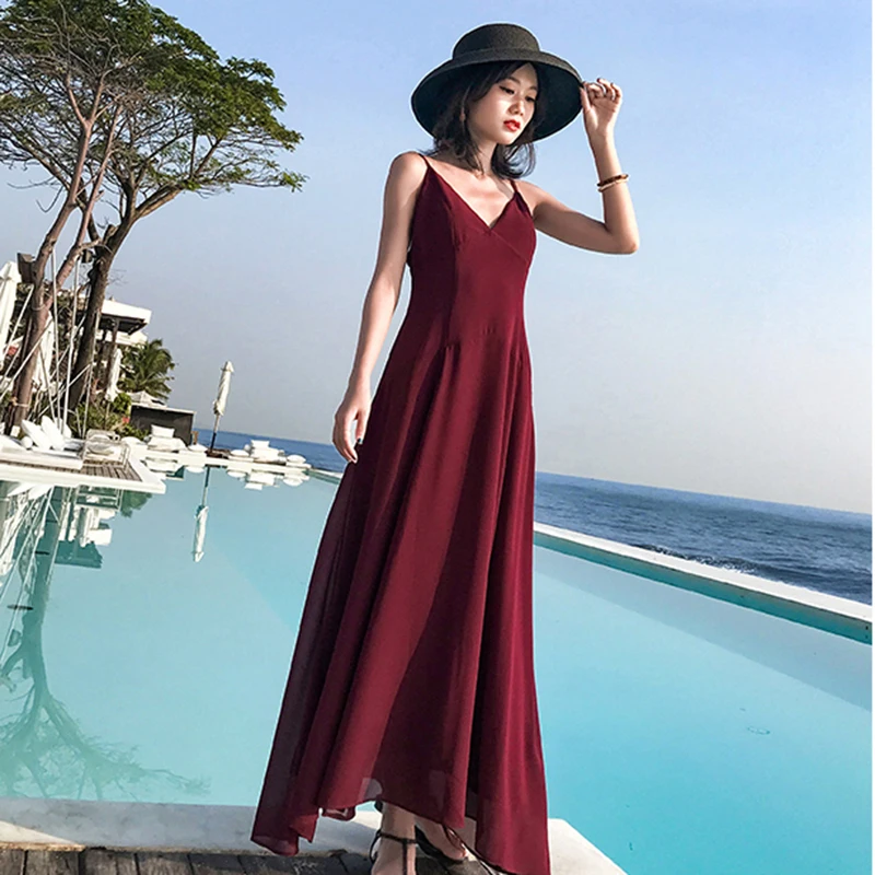 

Summer Women Burgundy Maxi Backless Straps Sundress Female Elegant Party Vacation Beach Dress Vintage Korean Runway Vestidos New