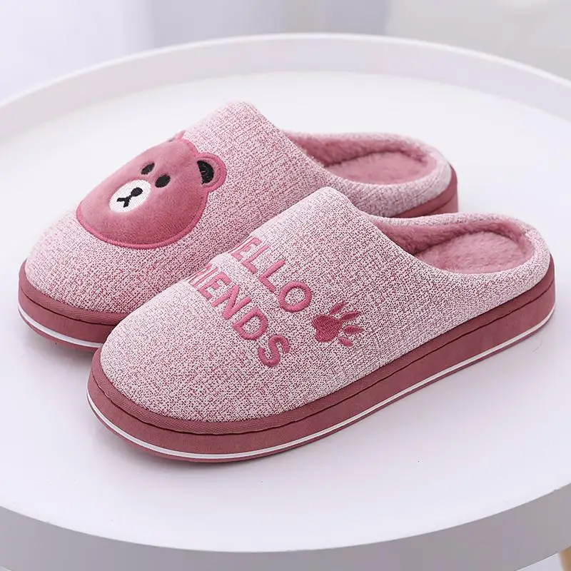 Women Winter Home Slippers Cartoon Bear Non-slip Soft Winter Warm House Slippers Indoor Bedroom Lovers Couples Floor Shoes Men - Цвет: wine