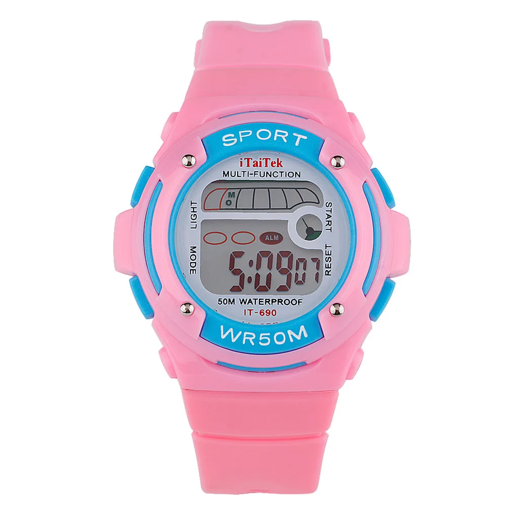 Водонепроницаемые часы для девочек и мальчиков с резиновым ремешком, многофункциональные водонепроницаемые спортивные часы, светящиеся модные электронные часы