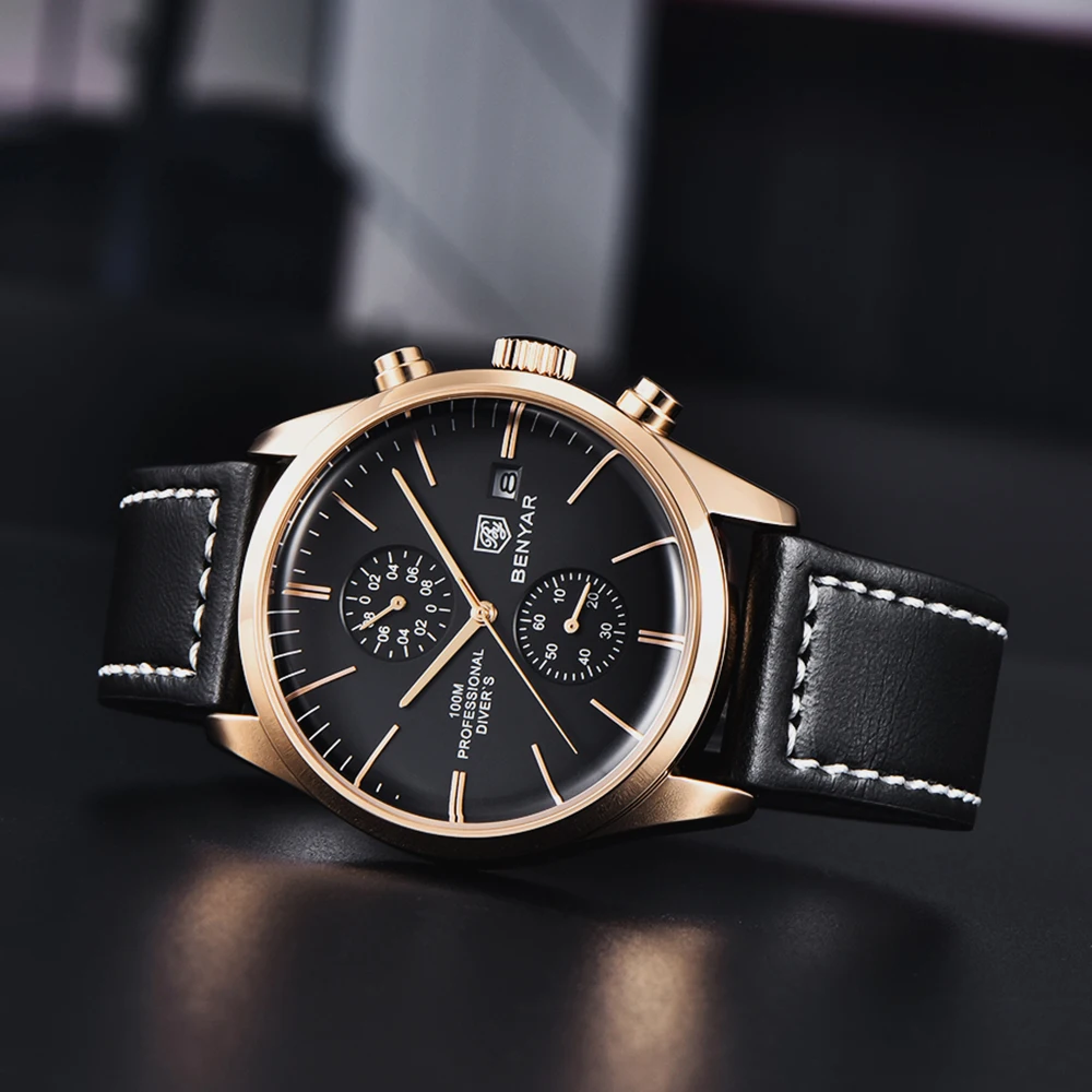 2022 New BENYAR Leather Men Quartz Wristwatches Luxury Brand 100M Waterproof Men Watch Military Sports Chronograph Watch for Men