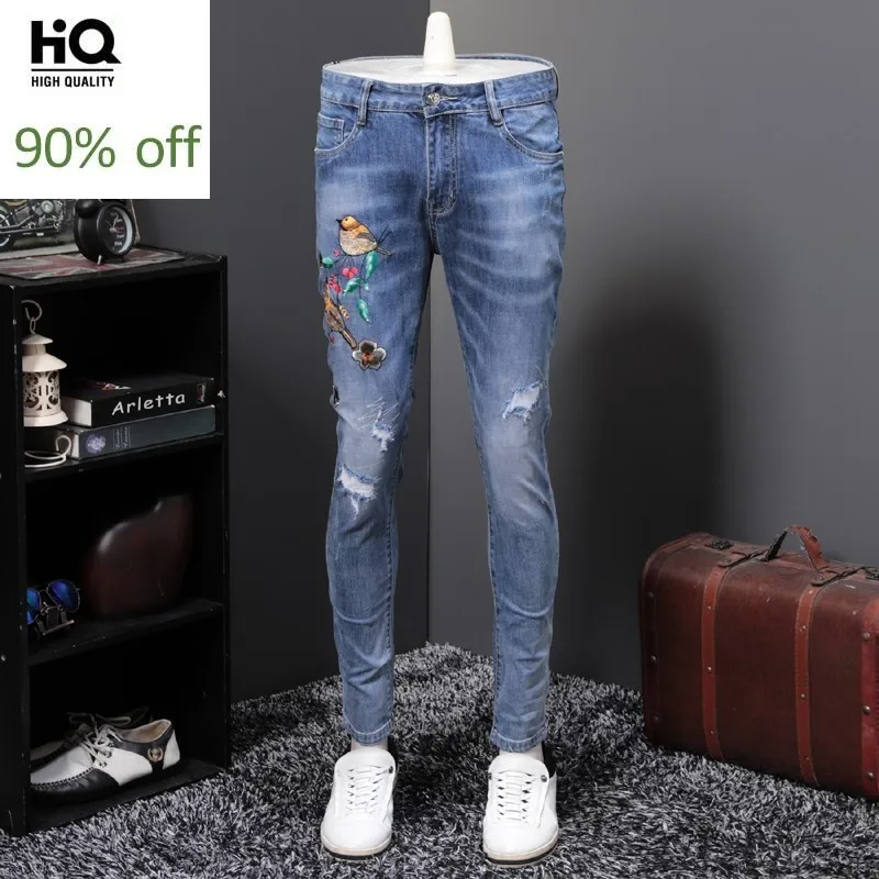 

Top Brand New Embroidery Ripped Mens Denim Pencil Pants Full Length Slim Fit Personality Clubwear Casual Male Jeans Trousers