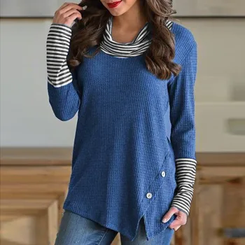 

Casual High End Shirt dress women long Womens Splice Stripe Button Long Sleeve Cowl Neck Knit Lady Pullover Lady's Tops Blouse