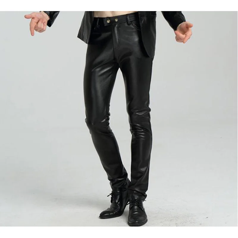 

Pu Pants Skinny Faux Leather Pants For Men Slim Fit Joggers PU leather Motorcycle Biker Tights Trousers