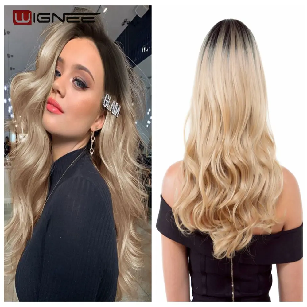 Black To Blonde Wignee длинные 2 тона Омбре коричневый пепельный блонд температура Синтетические парики для черный/белый для женщин Glueless волнистые на каждый день/косплей волос парик - Цвет: Black To Blonde