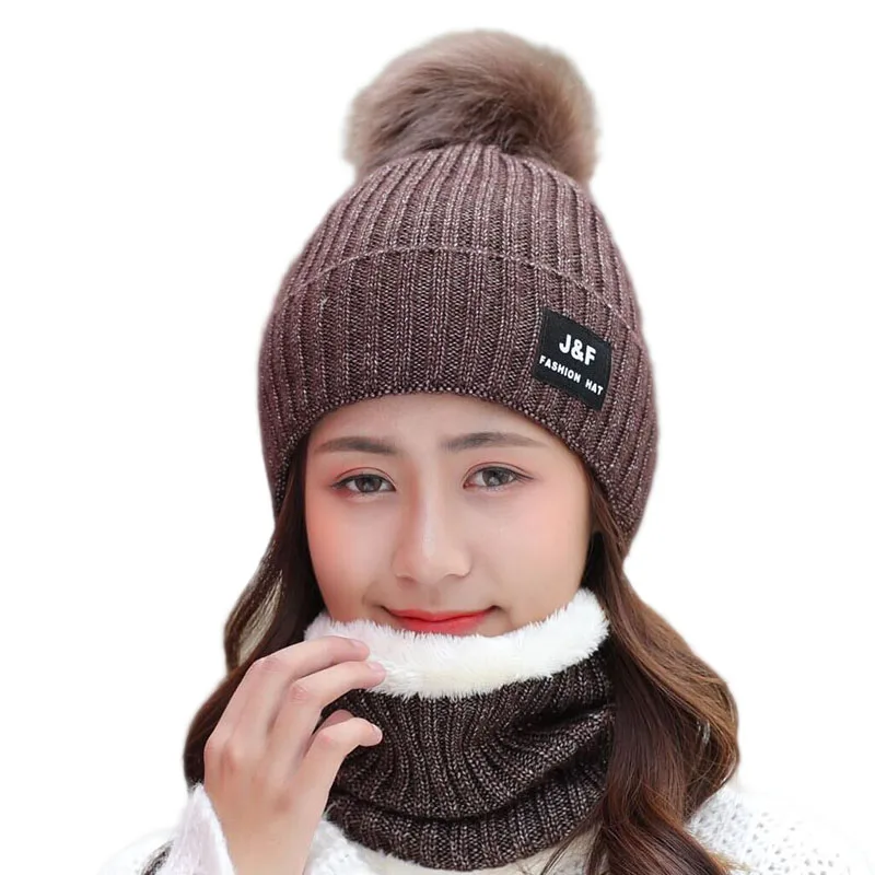 Knitted Winter Hat Scarf Set for Women Pom Pom Beanies set of hat and scarf for women Thick Warm Soft winter accessories