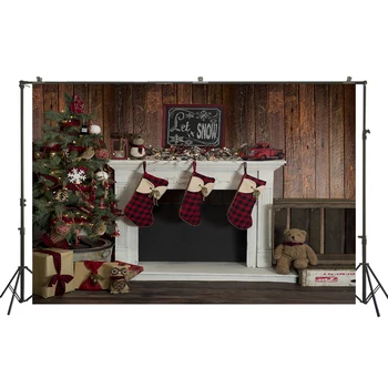 

Photography Backdrop Vintage Wooden Wall Fireplace Christmas Tree Photo Background for Children Portrait Backdrops Studio W-3420