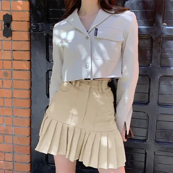 

Autumn Spring Y2K Women High Waist A-line Skirts School Female All Match Slim College Solid Pleated High Street Mini Skirt