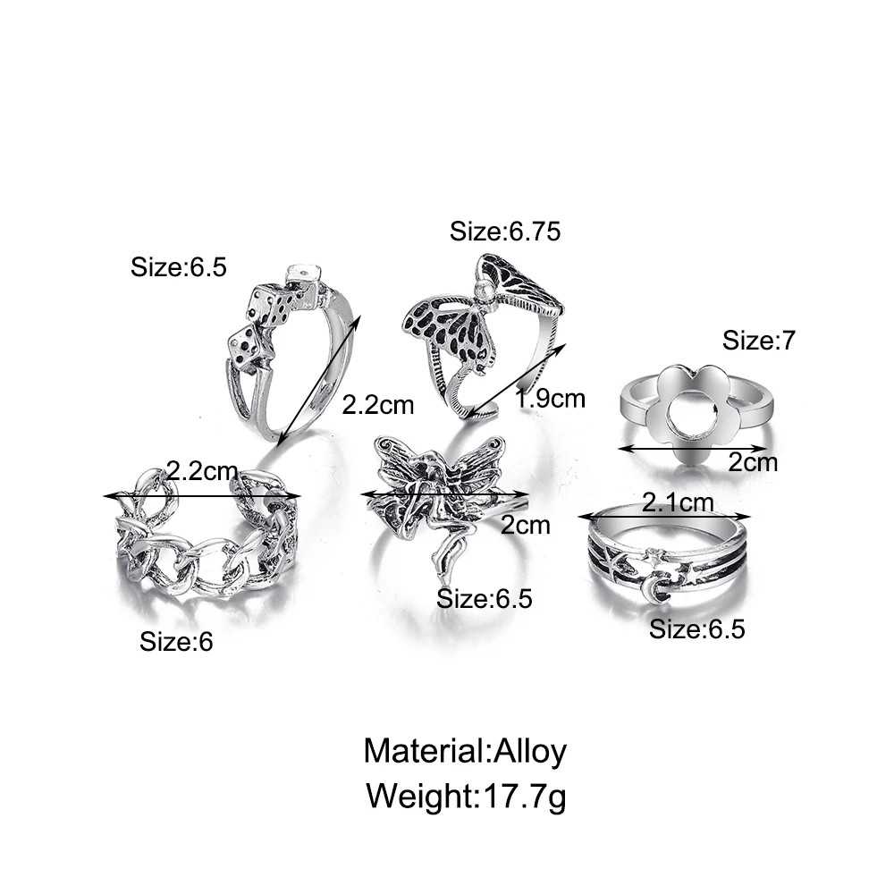Punk Gothic Heart Ring Set for Women Black Dice Vintage Spades Ace Silver Plated Retro Rhinestone Charm Billiards Finger Jewelry