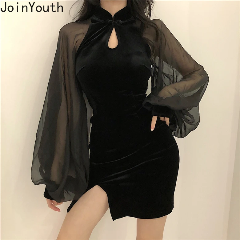 Женское облегающее мини платье Joinyouth Сетчатое составного кроя с рукавами