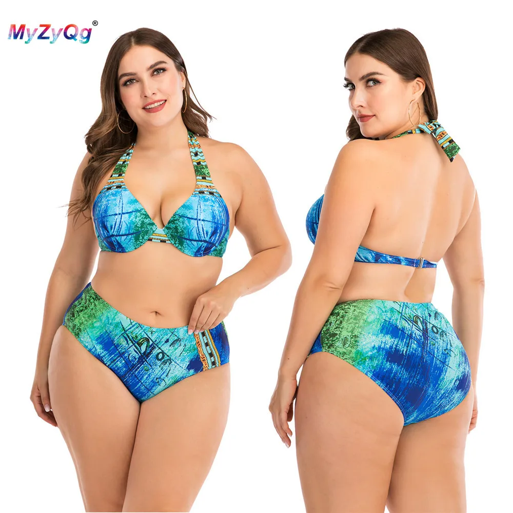 Купальный костюм размера плюс, женский купальник с высокой талией и лямкой через шею, купальный костюм из двух частей, купальный костюм, бикини, танкини, Бразильский купальный костюм