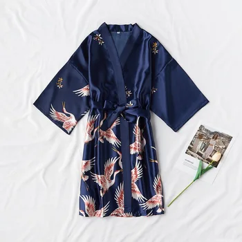

Navy Blue Print Crane Robe For Ladies Sexy Mini Kimono Bathrobe Gown Half Sleeve Lounge Sleepwear Intimate Lingerie Nightwear