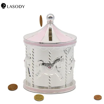 

Mini & Small Carousel Piggy Bank with Stopper Silver-plated Alloy Money Box Crystal Enamel Craft Gift for Kids
