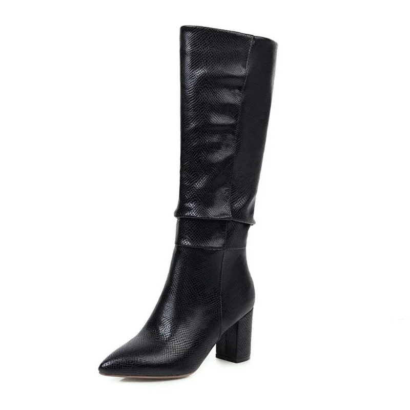 

2021 autumn and winter women's new European and American fashion solid color texture snake-print leather thick-heeled boots