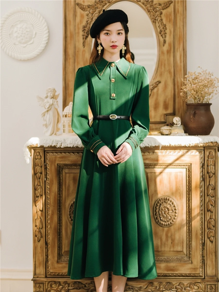 

France Vintage Bright Green A Line Party Dress Women Elegant Midi Long Party Dresses Casual Spring Vestidos Ropa Mujer
