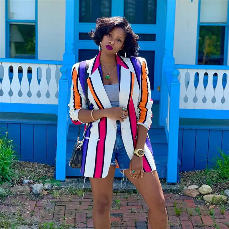 

Nothed Neck Single Button Women Blazer Slim Fit Striped Print Blazers and Womens Jacket Autumn 2019 Elegant Workwear Coat