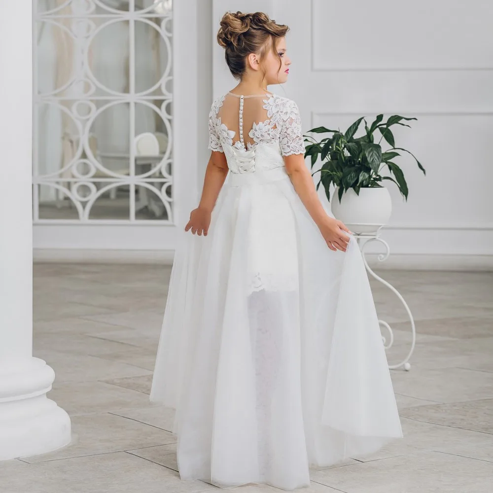 BacklakeGirls/Новинка года; кружевное платье с круглым вырезом и короткими рукавами и цветочным узором для девочек со съемным шлейфом