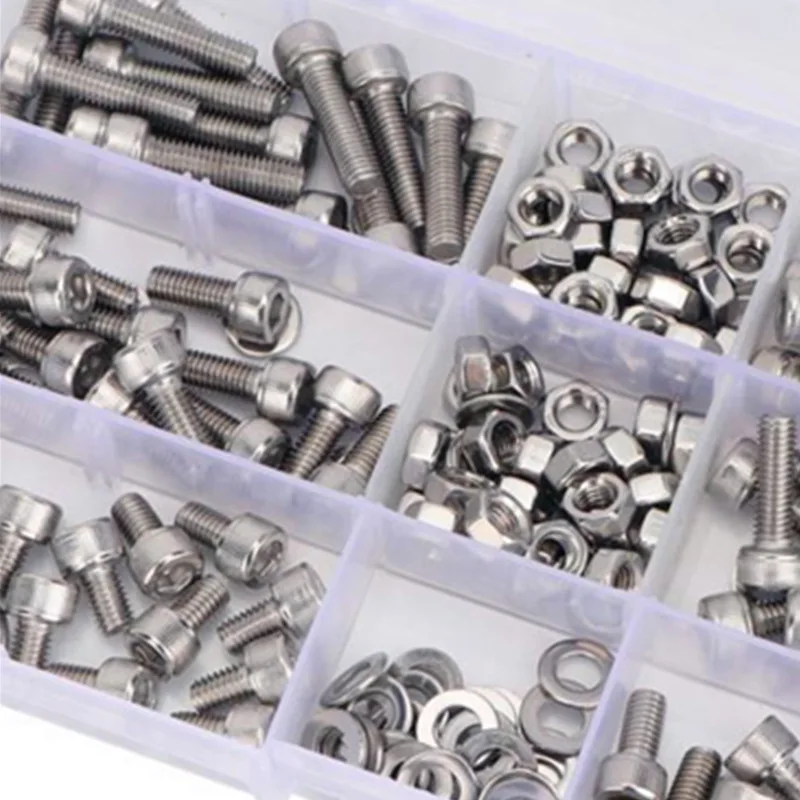 320 pcs/box 304 stainless steel cylindrical head hexagon screw + nut + flat washer Assortment Tool Kit Box M2 series