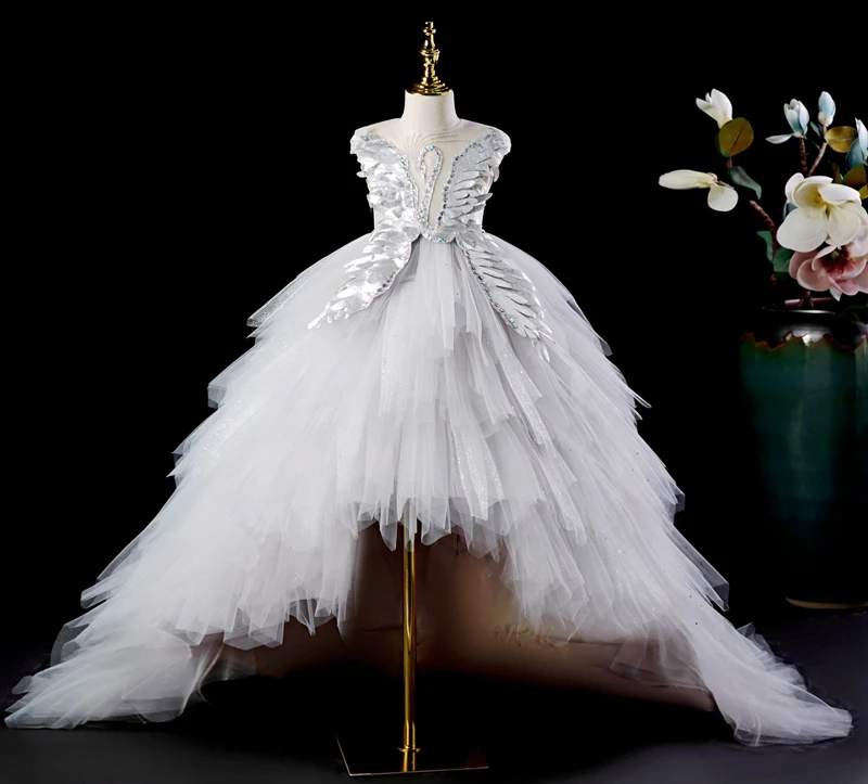 Swan Crystal Tulle Flower Girl Princess Dress