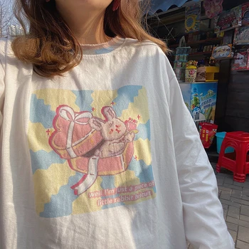 

Women Cute Bunny Gift Box Print T-shirt Teen Girls Student Long-sleeve 2020 new Cotton Sweet Loose White pullover Tops Korean