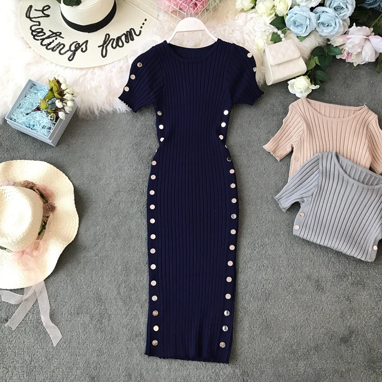 

2019 Summer Women's Knitted O-Neck Short Sleeve Slim Fit Dress Side Double Row Buckle Hip Wrap Dress Ladies Sheath Dress