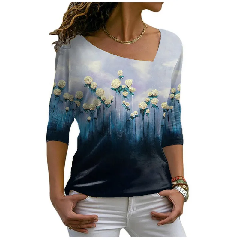 Floral Print T Shirt Women Boho Skew Collar Long Sleeve Tops Casual Fashion Street Ladies Pullover Cotton T Shirts Autumn Winter vintage t shirts