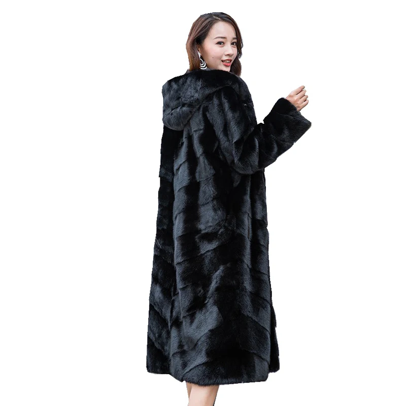 

110CM Genuine Mink Fur Coat Jacket With Hoody Winter Women Fur X-Long Outerwear Coats Plus Size 4XL LF9122