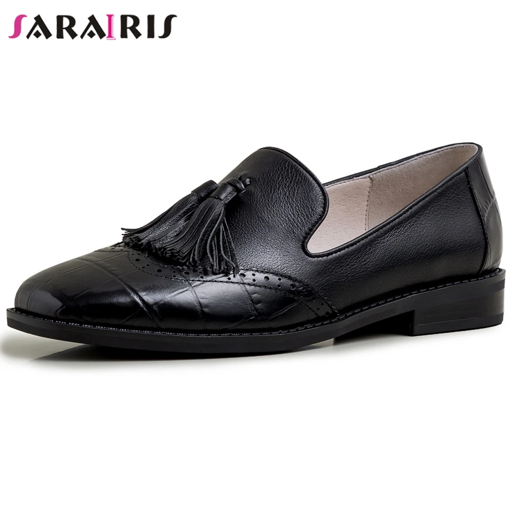 

SARAIRIS Fashion Female Slip On Fringe Retro Casual Office Flats Genuine Leather Comfortable Flats Women Spring Shoes Woman