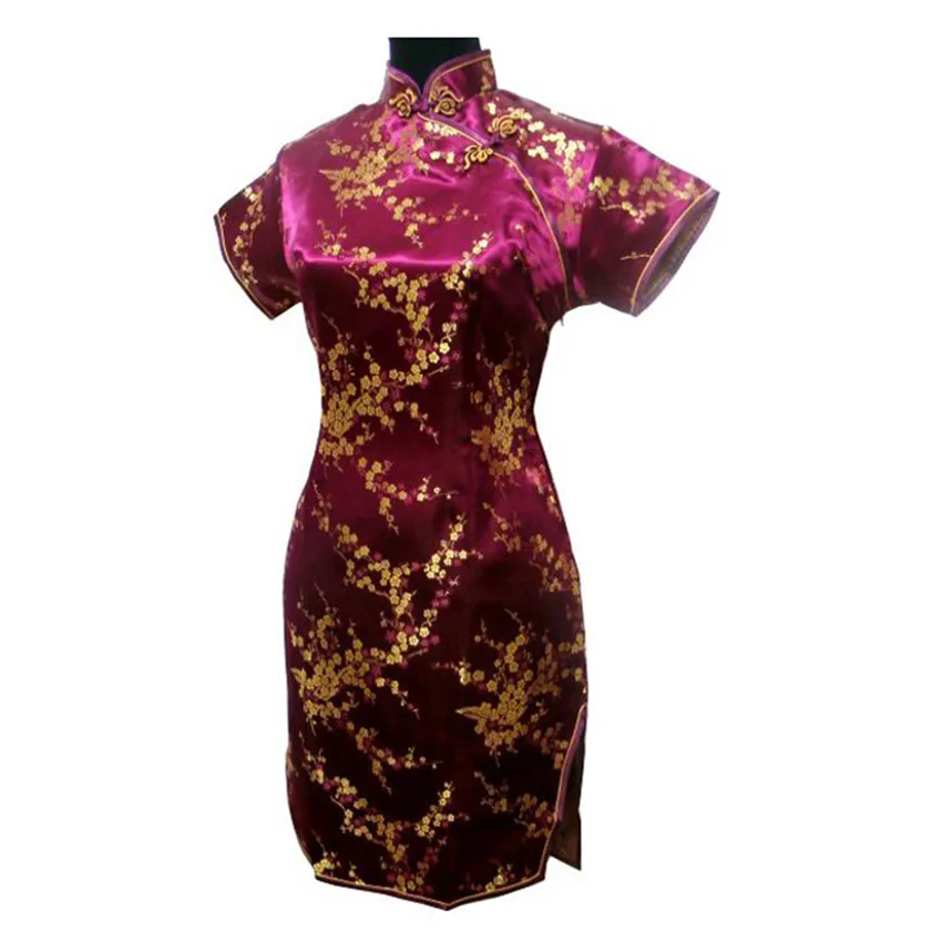 Бордовый традиционный, для китаянок платье Короткое Мини Qipao Cheongsam Топ цветок плюс Размеры S M L XL XXL XXXL 4XL 5XL 6XL MH-08