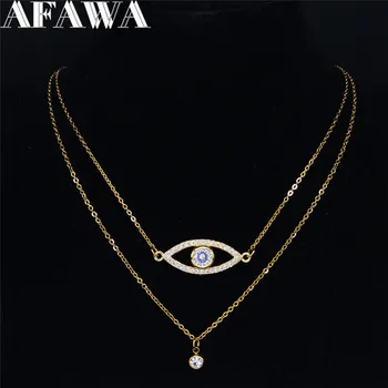 

2pcs Zircon Copper Stainless Steel Islam Turkish Eye Necklace Double Layer Gold Color Pendant Necklaces Jewelry cadenas NC40S02