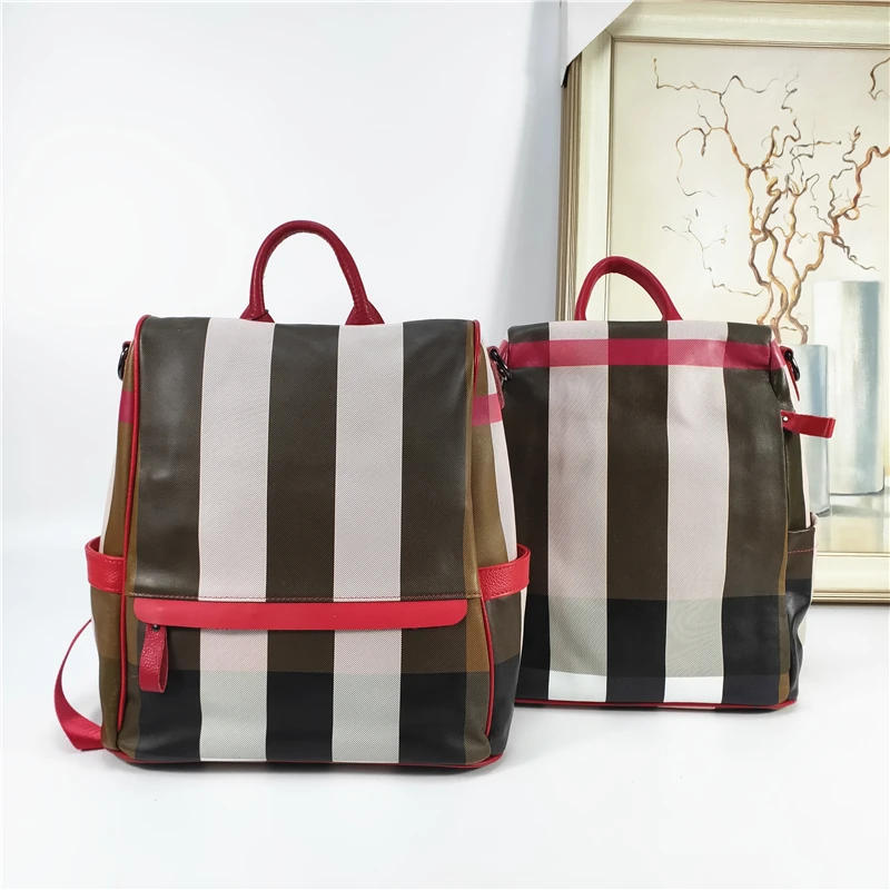

B01-013 2020 Large Genuine Leather Stripe Pattern Women's Backpacks Ladies' School Bag Female Cowhide Designer Backpack