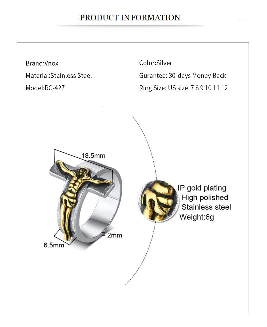 Vnox панк крест кольца для мужчин Нержавеющая сталь Готический Иисус Христос Религиозные ювелирные изделия дизайн мужской палец