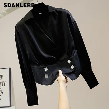 

2020 Women's Shirt Irregular Double-breasted V-neck High Waist Long Sleeve Blouse Elegant Office Lady All-match Basic Top Blusas