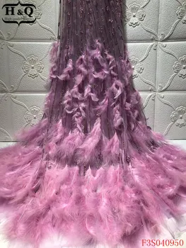 

H&Q pink african lace fabric 2020 high quality embroidery with feather 5 yards/piece french tulle laces fabrics for dress sewing