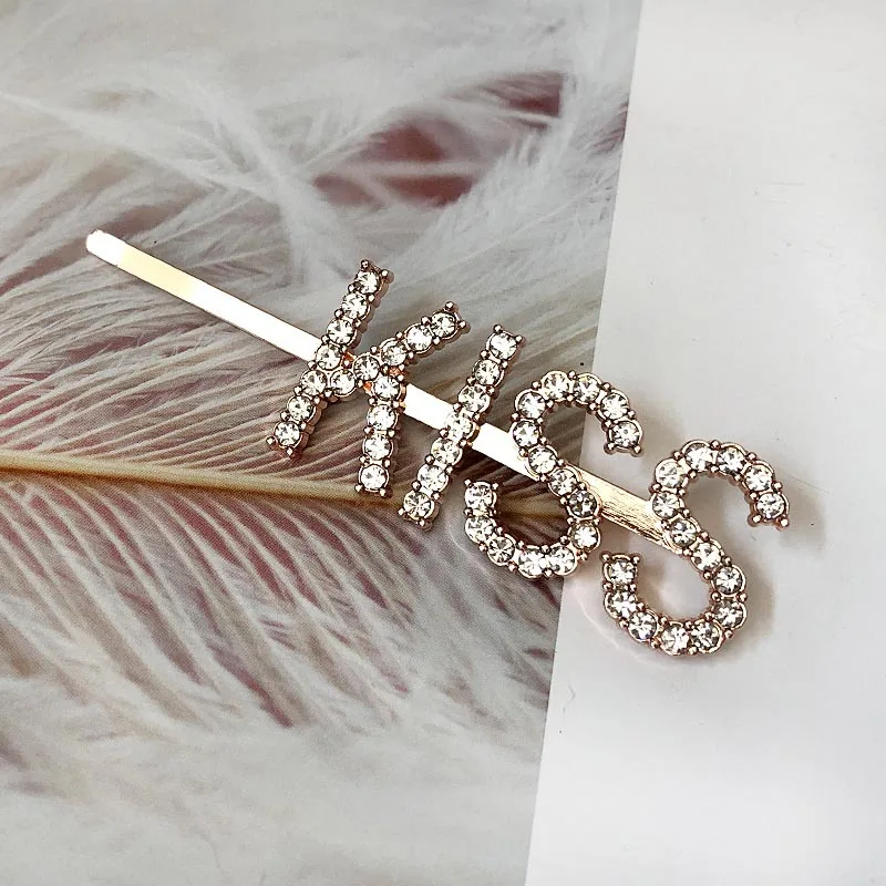 KISS Rose Gold 1 шт., заколки для волос с кристаллами и буквами, стразы, заколки для волос, заколки для волос, инструменты для укладки волос, аксессуары, ювелирный подарок - Цвет: KISS Rose Gold