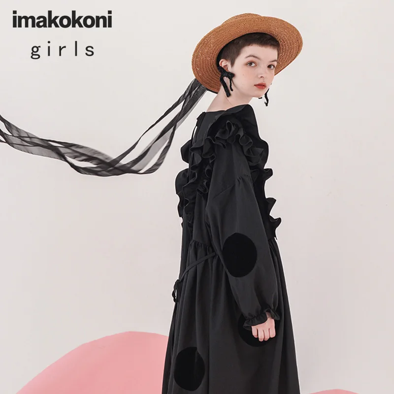 Черное платье в горошек imakokoni оригинальный дизайн простая модная универсальная