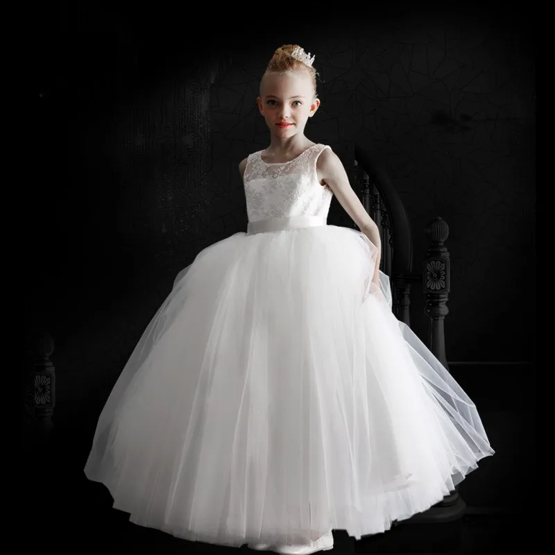 

White Ivory Flower Girl Dress for Wedding Puffy Tulle Lace Top Kids Children First Communion Dress for Girls Custom Made