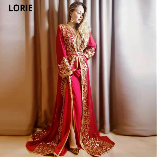 LORIE Dubai Red Evening Dresses Moroccan Caftan Elegant Gold Lace Appliques Beading Formal Prom Party Celebrity Gown Long Sleeve 1