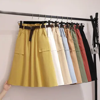 

Summer A-Line Women Pockets Solid Skirt Sweet Knee-Length High Waist Sashes Skirts Vintage Empire Casual Korean Cute Skirt