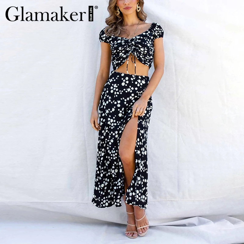 Glamaker, сексуальный комплект из 2 предметов, цветочное облегающее макси платье, короткий топ, праздничное пляжное длинное платье с высоким разрезом, элегантное весеннее платье