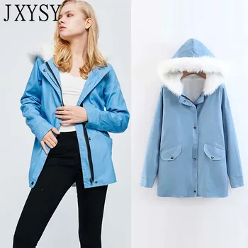 

Winter Jacket Women Parkas 2019 Casual Hooded Fur Collar Coats Washed Denim Warm Thick Cotton Padded Female Jacket Outerwear