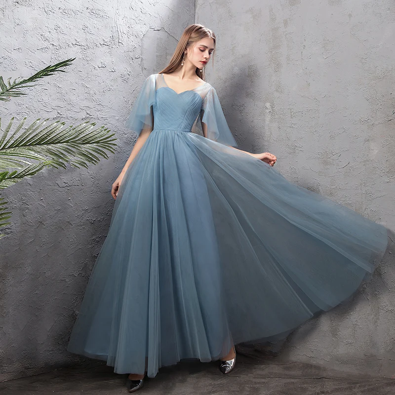 Новые пыльно-голубой длинные платья подружек невесты элегантное неправильное вечернее платье для выпускного вечера для фермы простое платье вечерние свадебные vestido Longo