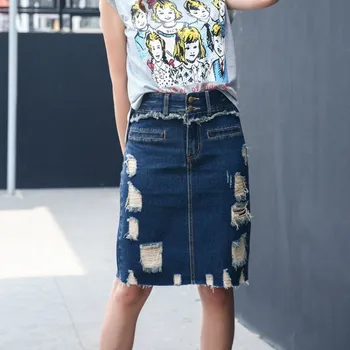 

2020 New Denim Skirts For Women Fashion Wild Blue Hole Skirts Trendy Sexy High Waist Bodycon Skirt With Pockets