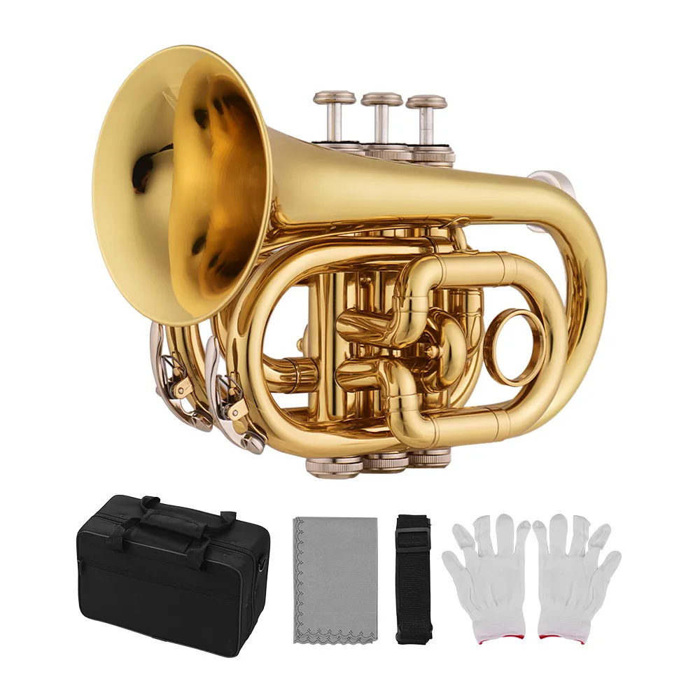 

Muslady Mini Pocket Trumpet Bb Flat Brass Material Wind Instrument with Mouthpiece Gloves Cleaning Cloth Carrying Case