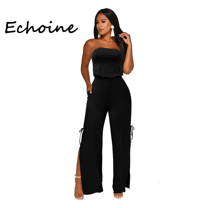 Echoine Off Shoulder Strapless Jumpsuit Backless High Split Out Long Wide Pants Rompers Womens Solid 4 Color | Женская одежда