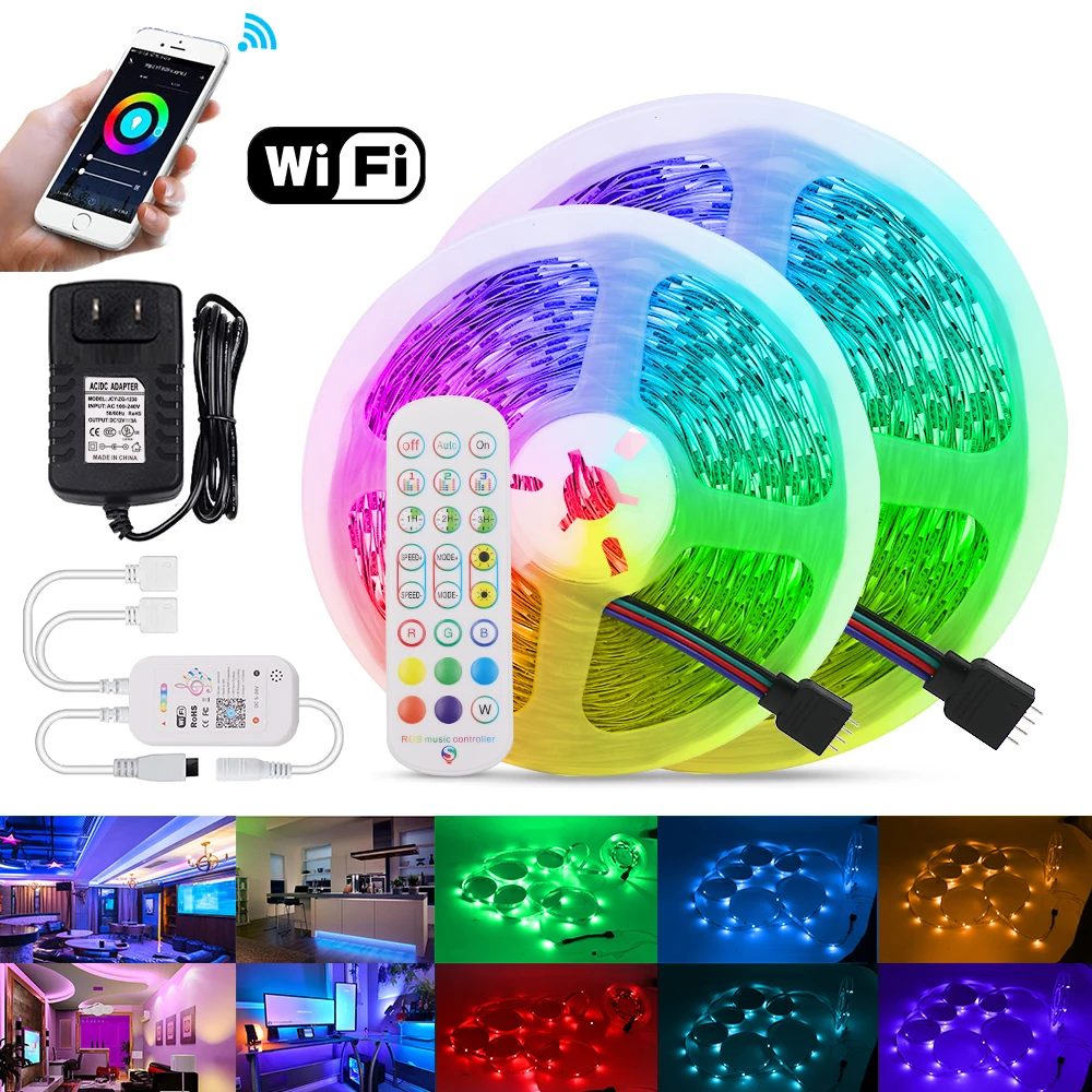 

RGB LED Strip Lights WiFi Music Control 12V 2835 SMD Flexible Ribbon Tape 5m 10m 15m Waterproof Rope Light TV Backliht Computer